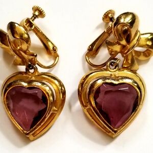 Vtg 1980s Sphinx Signed Faux Amethyst Heart & Bow Screw Back Clip On Earrings